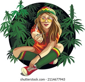 A rasta girl, dreadlock in rasta hat and yellow glasses, sits on dark background of hemp bushes and offers pipe with marijuana. Vector illustration.
