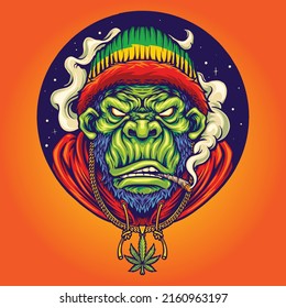 Rasta gorilla with smoking weed vector illustrations for your work logo, merchandise t-shirt, stickers and label designs, poster, greeting cards advertising business company or brands