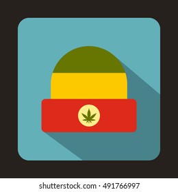 Rasta hat with marijuana leaf icon in flat style on a baby blue background