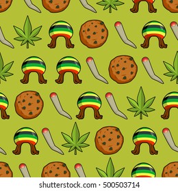 Rasta icons seamless pattern. Green leaf of marijuana and cookie. Rastafarian hat and joint or spliff. Reggie background. Jamaican texture. Rastaman ornament
