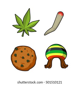 Rasta icons set. Green leaf of marijuana and cookie. Rastafarian hat and joint or spliff. Reggie signs. Jamaican objects. Rastaman symbol