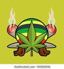 Rasta logo. Cannabis Leaf and joint or spliff. Rastaman cap and dreadlocks. Emblem for Rastafarian. Reggie sign
