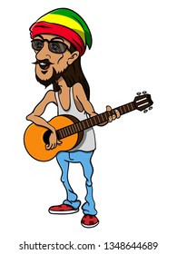 Rasta Man Wearing Caps With Red, Yellow, And Green Color Playing Acoustic Guitars With Reggae Style Cartoon Vector