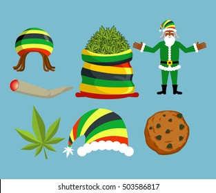 Ícones Rasta Ano Novo definidos. Papai Noel e saco grande de cânhamo. saco de maconha. pilha de cannabis verde. Grande articulação ou entalhe. Fumar drogas. Avô alegre e chapéu rastafári. Natal na Jamaica