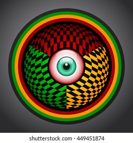 Rasta red eye icon with green, yellow and red colors, rastafarian colorful emblem.