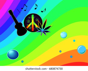 Rasta Reggie Background. Colorful Vector Illustration.Ukulele with Hippie symbol of Peace and Ganja Leaf.