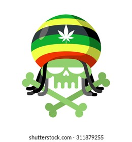 Rasta skull with dreadlocks and Cap. Green head skeleton with bones. Logo for Halloween. Emblem for drugs flag
