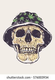 Rasta Skull in Hat with cannabis symbols. Stencil graffiti style skull. Grunge distressed vector art.
