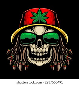 Rasta skull head vector illustration design with hat and dreadlocks