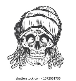 Rasta skull. Vintage label, illustration, logotype. Vector illustration. Isolated on white background.