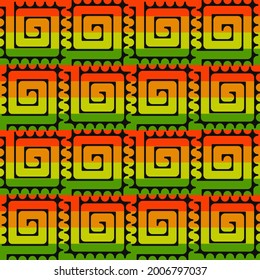 Rasta spirals tile. Vector repeated squares with coils and rasta colors.