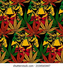 Rasta theme with lion head with cannabis marijuana leaves on black background. Vector illustration. Seamless pattern.