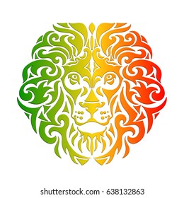 Tema rastafari con cabeza de león sobre fondo blanco. Ilustración vectorial. Papel tapiz en colores rastafari.