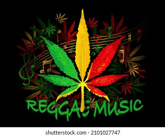 Rasta Wallpaper. Abstract Pattern From Marijuana Cannabis On Rastafarian Background Colors With Notes And Stave. Music Of Jamaica. Reggae. Vector Illustration