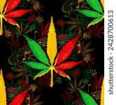 Rasta wallpaper. Abstract seamless pattern from marijuana cannabis on Rastafarian background colors with notes and stave. Music of Jamaica. Reggae. Vector Illustration