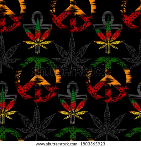Rasta wallpaper. Abstract seamless pattern from marijuana cannabis on Rastafarian background colors. Vector Illustration