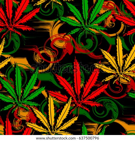 Rasta wallpaper. Abstract seamless pattern from marijuana cannabis on Rastafarian background colors. Vector Illustration.