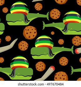 Rasta whale and cookies seamless pattern. Large marine animals in Rastafarian hat ornament. Long black dreadlocks. Stoned drug blower. jamaica beast background