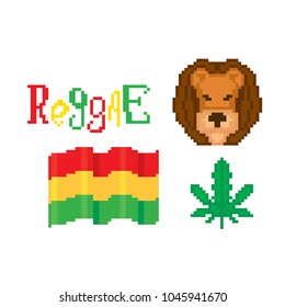 Rastafari icon set. Pixel art. Old school computer graphic style. 8 bit video game. game element.