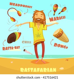 Rastafarian cartoon character set with maracas headphones and bongo vector illustration 