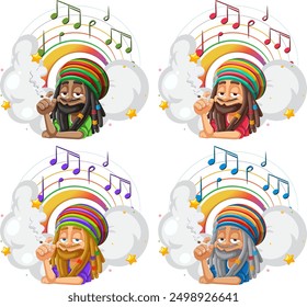 Rastafarian characters with musical notes and rainbows