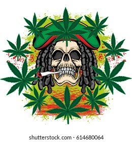 rastafarian coat of arms with skull, cannabis leaf, grunge vintage design t shirts