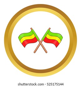 Rastafarian crossed flags vector icon in golden circle, cartoon style isolated on white background