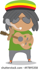 Rastafarian in dreadlocks playing reggae with  guitar. Isolated vector silhouette for poster and postcard backgrounds. 