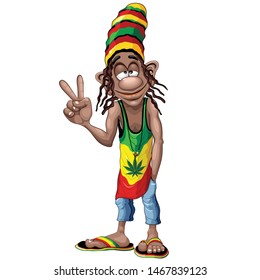 Rastafarian Giving Cool Peace Sign,  Cartoon Character Vector Illustration