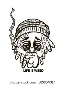 Rastafarian em um chapéu com dreadlocks e jamb, vida é Weed