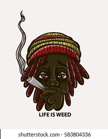 Rastafarier in einem Hut mit Schrecken und Schlafmütze, das Leben ist Unkraut