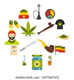 Rastafarian icons set in flat style. Marijuana smoking equipment set collection vector illustration