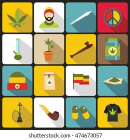 Rastafarian icons set in flat style. set collection. Marijuana equipment vector illustration