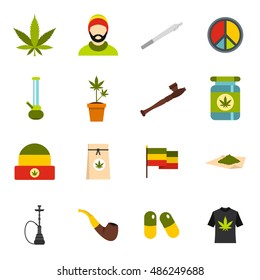 Rastafarian icons set in flat style. Marijuana smoking equipment set collection vector illustration