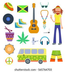 Rastafarian icons set in flat style vector illustration