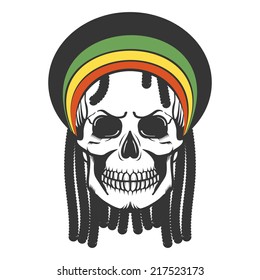 Rastafarian isolated vector skull with dreadlocks.