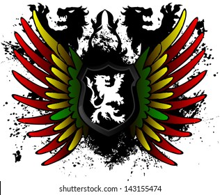 Rastafarian lion shield with wings