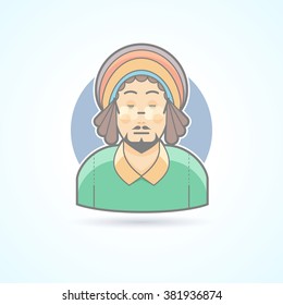 Rastafarian man, hippie, guy with dreadlocks icon. Avatar and person illustration. Flat colored outlined style.