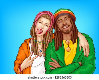 Rastafarian people pop art vector. Caucasian woman with hair braided in dreadlocks showing tongue, hugging smiling african-american man in crocheted rastacap illustration. Reggae music fans subculture