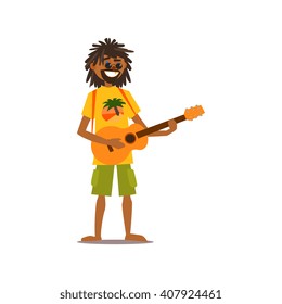 Rastafarian Playing Guitar Isolated Primitive Design Style Vector Illustration on White Background