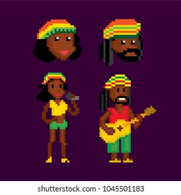 Rastafarian reggae musicians icon set. Pixel art. Old school computer graphic style. 8 bit video game. game element.