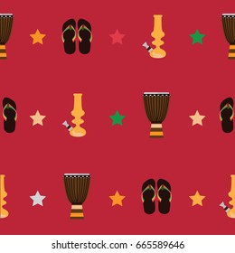 Rastafarian seamless pattern with bongos, flip flops and yellow bong for smoking marijuana on red background. Vector illustration with seamless design