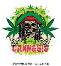rastafarian sign with skull and cannabis leaf, grunge vintage design t shirts
