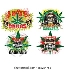 rastafarians coat of arms with skull and cannabis leaf, grunge.vintage design t-shirts