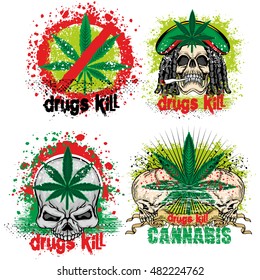 rastafarians coat of arms with skull and cannabis leaf, grunge.vintage design t-shirts