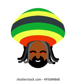 Rastaman avatar. Rasta cap and dreadlocks. Sign rastafarianin. Jamaican reggae. Red eyes from cannabis
