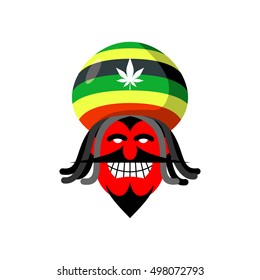 Rastaman devil. Rasta cap and dreadlocks. Satan for Rastafarians. Red devil in beret. Jamaican demon
