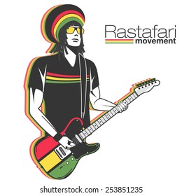 Rastaman in dreadlocks playing reggae with electric guitar. Isolated vector silhouette for poster and placard backgrounds. Rastafari movement music style.