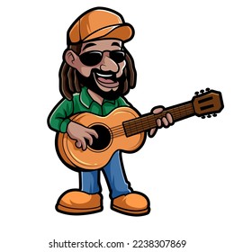 Rastaman with dreadlocks and reggae style singing while play classic guitars 