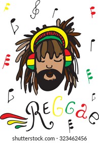 rastaman in headphones, with notes and lettering of reggae on white background